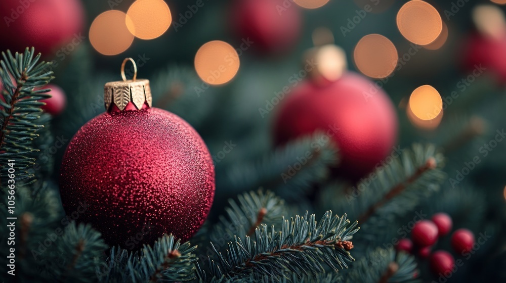 Festive Red Ornament on Christmas Tree Background Festive Red Ornament on Christmas Tree Background