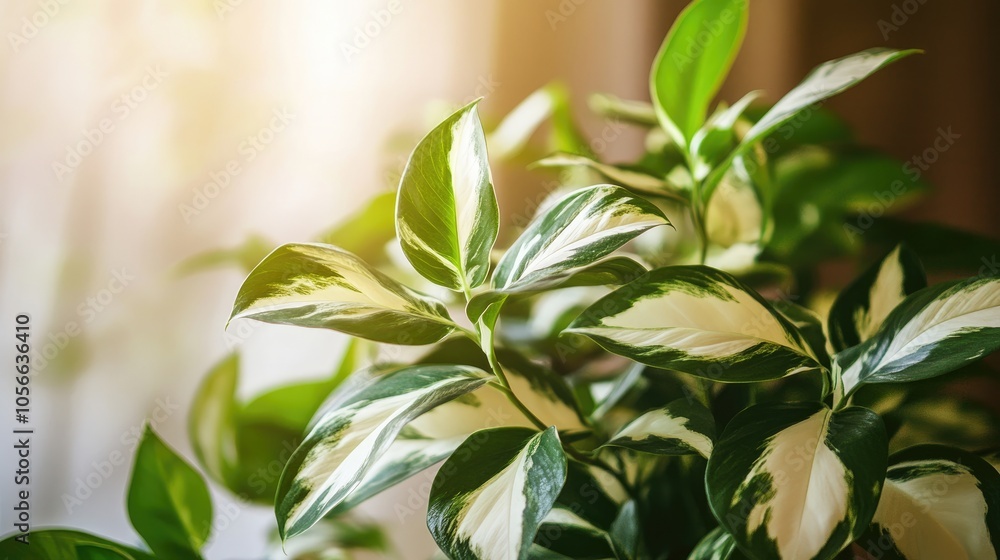 Obraz premium Variegated green and white leaves of a houseplant illuminated by sunlight showcasing a natural indoor gardening and plant care theme
