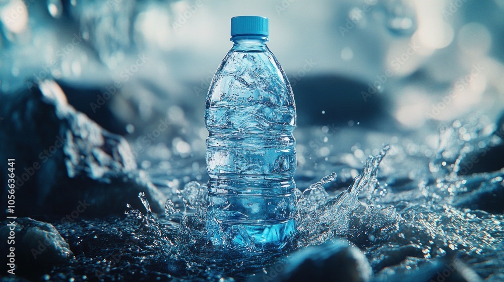 Clear Water Bottle with Splash in Natural Setting Clear Water Bottle with Splash in Natural Setting