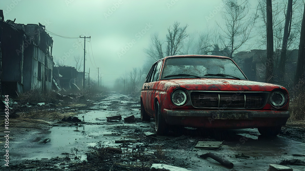 Rusty Red Car in a Foggy Abandoned Town 3D Illustration Rusty Red Car in a Foggy Abandoned Town 3D Illustration