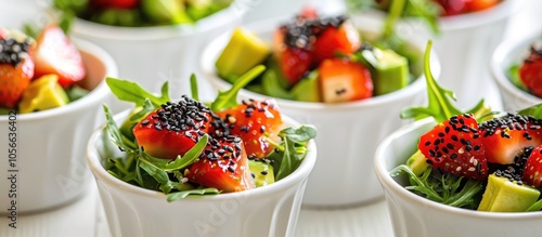 Fresh Salad With Strawberry Arugula Avocado And Black Sesame In White Cups On White Wooden Background