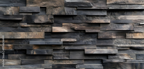 A textured wall made of layered stone tiles in varying shades of black and brown.