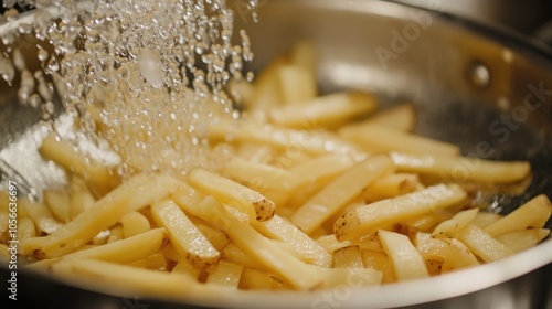 Preparing homemade French fries through potato slicing julienne cutting peeling soaking blanching and par frying in high definition photo