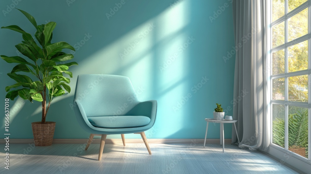 Fototapeta premium Contemporary living room featuring an aqua armchair with Scandinavian style furniture 3D rendered illustration