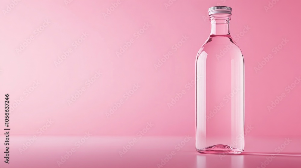 Transparent glass bottle with a metallic cap containing water set against a pink background Transparent glass bottle with a metallic cap containing water set against a pink background