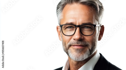 Portrait of an attractive mature businessman wearing glasses set against a clean white background