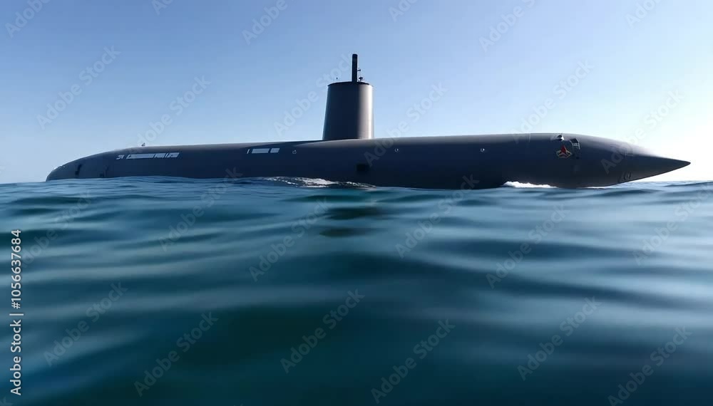 A large military submarine silently emerging from the depths of a calm ocean, creating waves and ripples in the otherwise serene water.
A large military submarine silently emerging from the depths of a calm ocean, creating waves and ripples in the otherwise serene water.