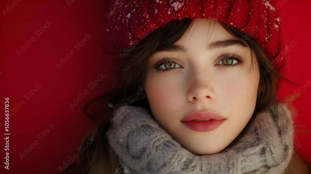 Closeup Portrait of a Woman with Red Beanie and Gray Scarf, Winter Fashion, Illustration Closeup Portrait of a Woman with Red Beanie and Gray Scarf, Winter Fashion, Illustration