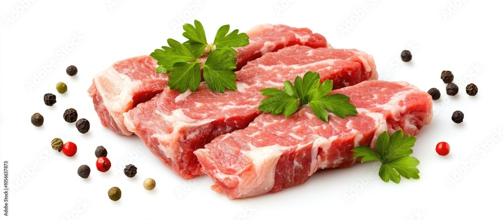 Sliced Raw Pork Steak With Pepper And Parsley Isolated On White Sliced Raw Pork Steak With Pepper And Parsley Isolated On White