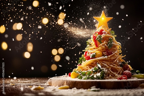 Close-Up of a Christmas Tree Made from Spaghetti and Vegetables