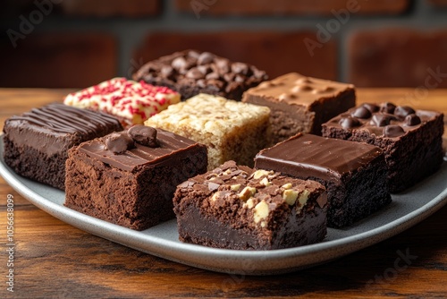 Delicious chocolate brownies variety on rustic plate photo