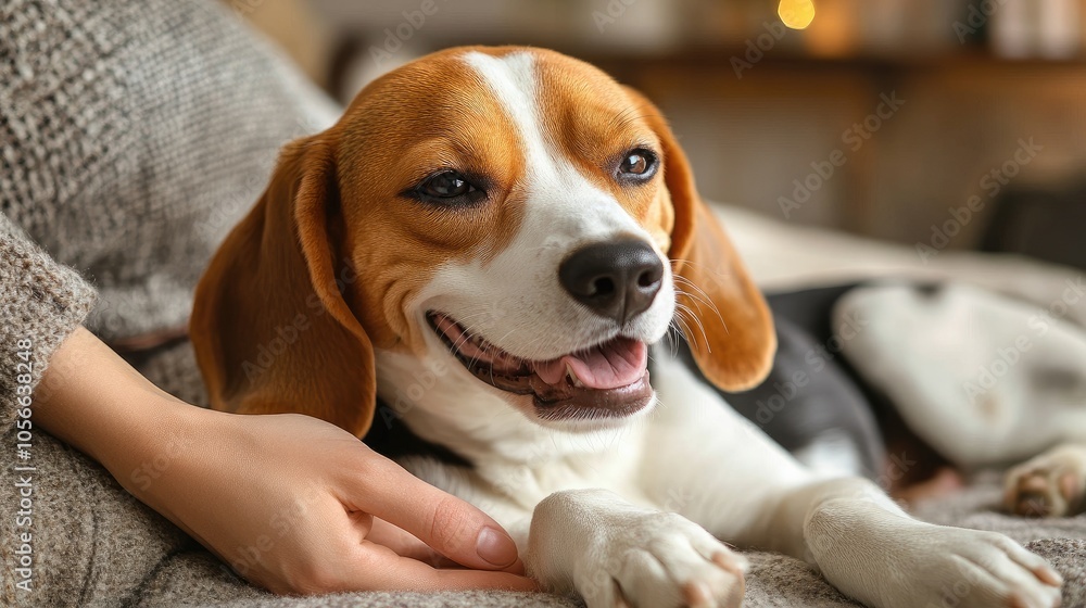 Beagle dog relaxing on knitted blanket getting petted Beagle dog relaxing on knitted blanket getting petted