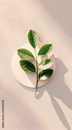 A single green leaf branch placed on a pastel pink circular background, casting soft shadows in natural sunlight.