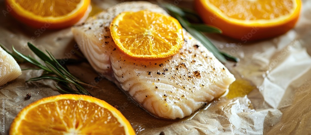 Cod Fish Fillet With Oranges On Baking Paper Seafood Healthy Eating Natural Light Selective Focus Cod Fish Fillet With Oranges On Baking Paper Seafood Healthy Eating Natural Light Selective Focus