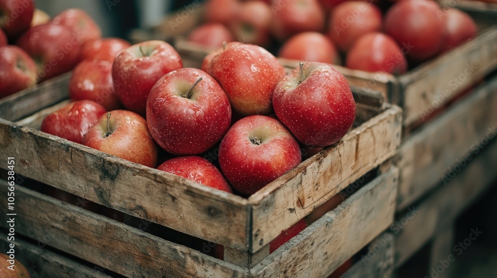 Fresh Red Apples In Wooden Crate At Market Fresh Red Apples In Wooden Crate At Market