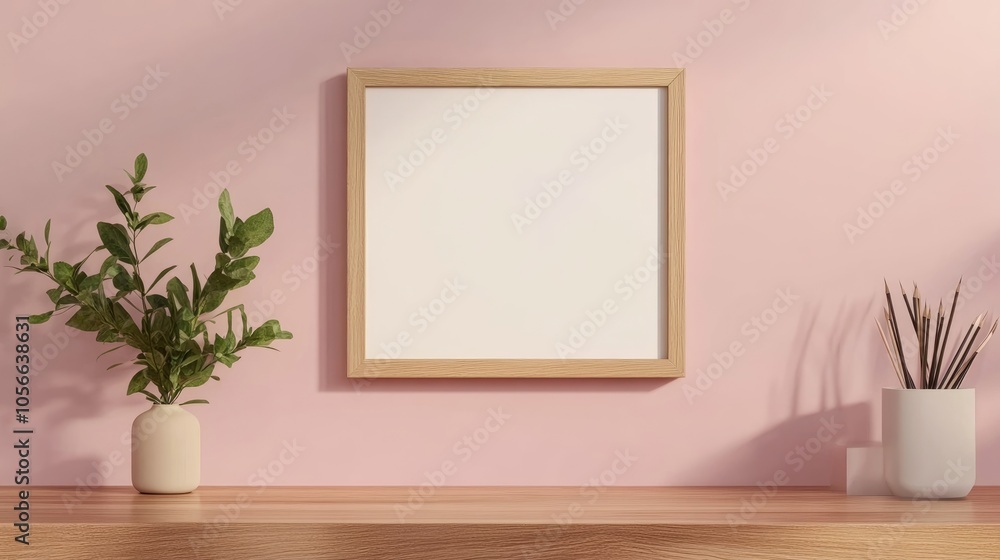 Empty wooden picture frame mockup on a pastel wall in a cozy setting with a wooden countertop Ideal for showcasing a modern workspace or home office decor Empty wooden picture frame mockup on a pastel wall in a cozy setting with a wooden countertop Ideal for showcasing a modern workspace or home office decor