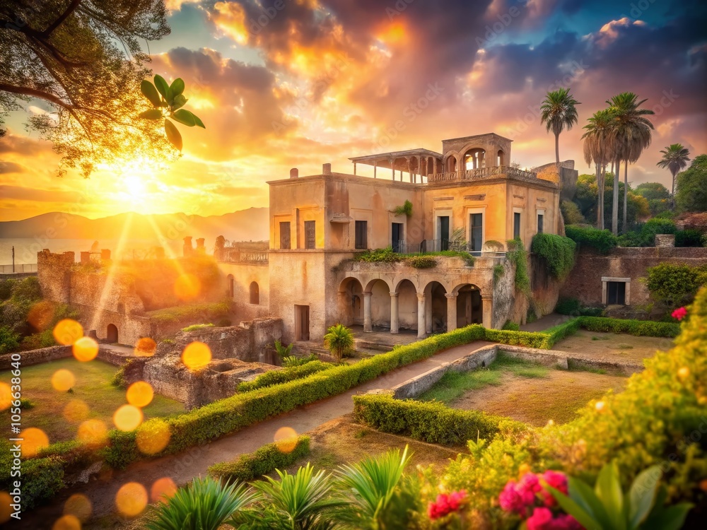Fototapeta premium Bokeh paints the Posillipo Villa ruins in Naples.
