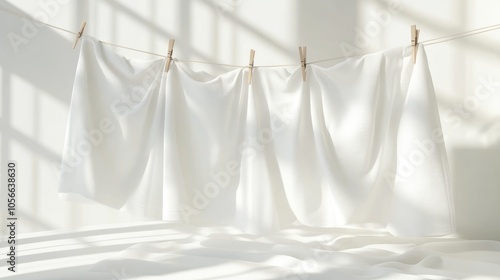 Freshly laundered white sheets hanging on a line with clothespins A clean open space for mockup or text placement