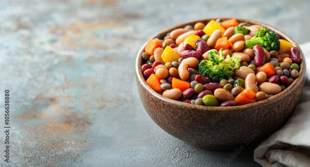 A colorful bowl of mixed beans and vegetables, ideal for healthy eating concepts, on a textured surface. A colorful bowl of mixed beans and vegetables, ideal for healthy eating concepts, on a textured surface.