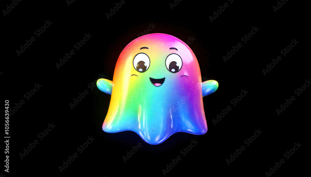 A minimalist, cartoon-style icon of a rainbow ghost in emoji style on a black background, 3D rendered. A minimalist, cartoon-style icon of a rainbow ghost in emoji style on a black background, 3D rendered.