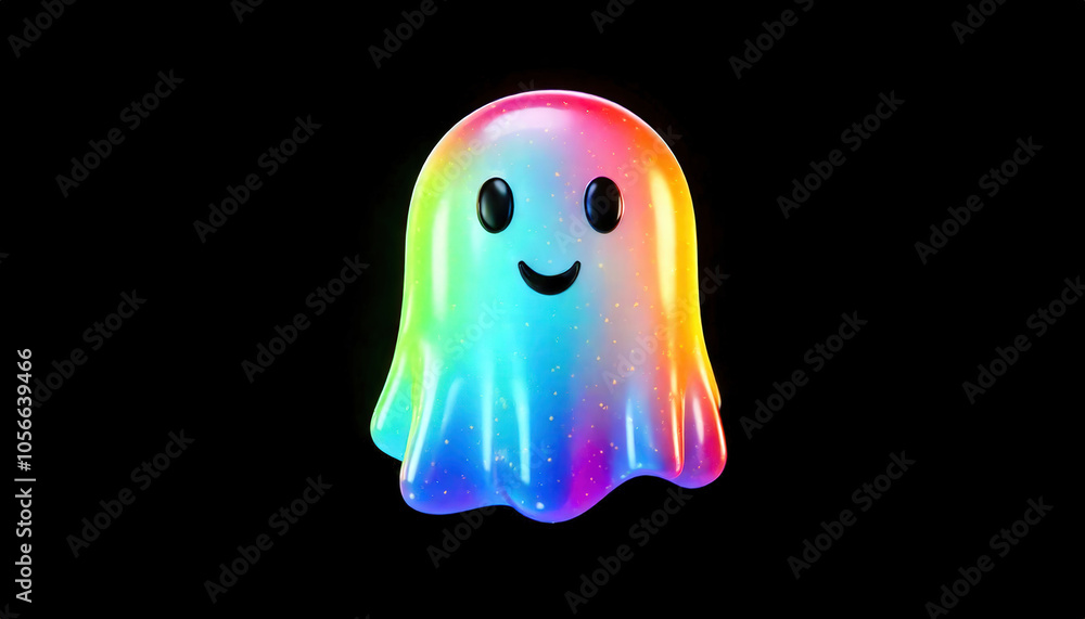 A minimalist, cartoon-style icon of a rainbow ghost in emoji style on a black background, 3D rendered. A minimalist, cartoon-style icon of a rainbow ghost in emoji style on a black background, 3D rendered.