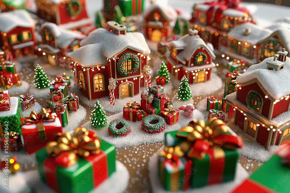 Fototapeta premium A 3D-rendered scene of a Christmas village display on a tabletop. The village is surrounded by Christmas gifts in bright red, green, and gold wrapping.