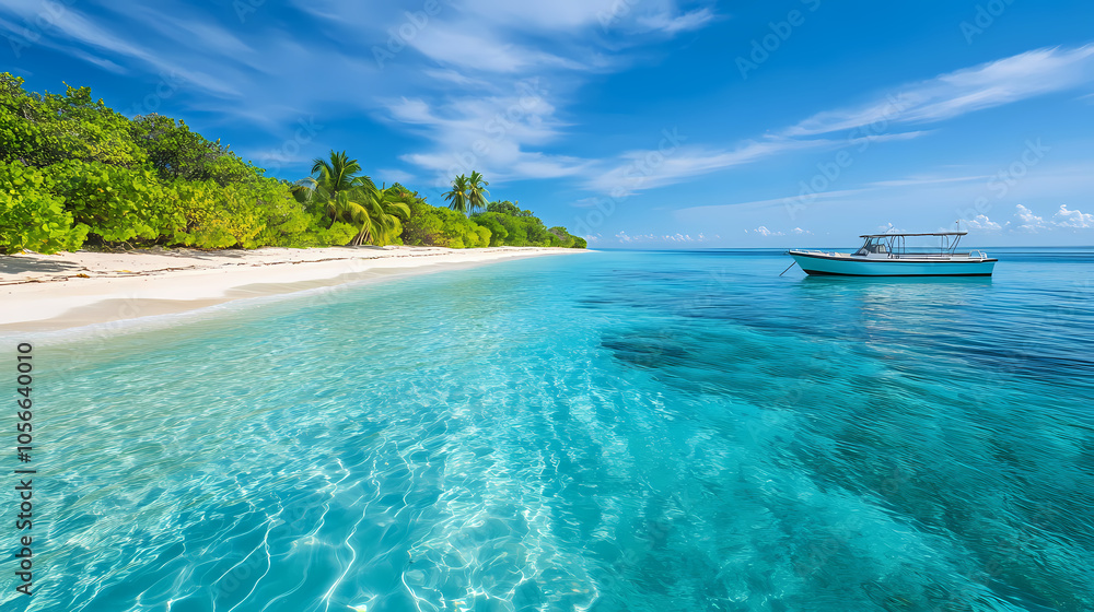Fototapeta premium Tropical island scenery with a sandy beach clear blue water a distant boat and the opposite shoreline. Tropical Island Shoreline. Illustration