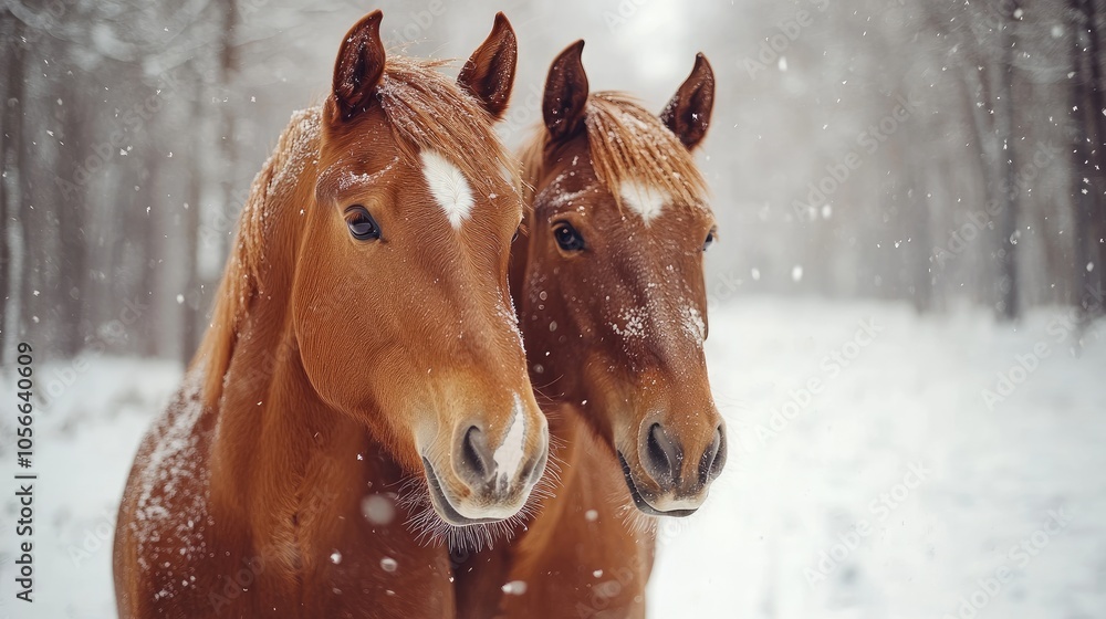 Two chestnut horses enjoying winter wonderland in snowy forest road Two chestnut horses enjoying winter wonderland in snowy forest road