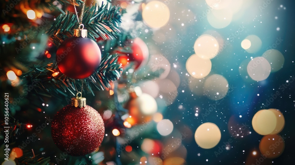 Festive Christmas greeting background featuring a beautifully decorated tree with vibrant ornaments and blurred bokeh lights for creative inspiration Festive Christmas greeting background featuring a beautifully decorated tree with vibrant ornaments and blurred bokeh lights for creative inspiration