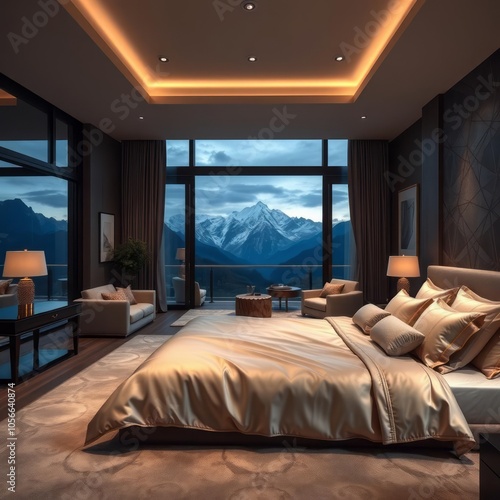 A luxurious master bedroom with a kingsized bed silk sheets an elegant seating area and a private balcony with a stunning mountain view master bedroom  photo