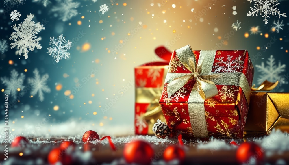 Red and gold gift boxes with snowflakes Red and gold gift boxes with snowflakes