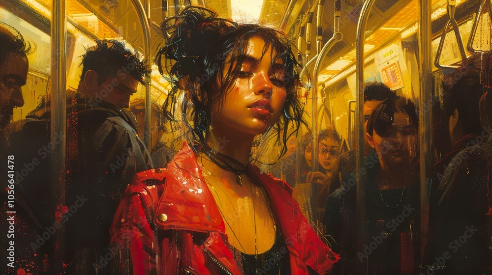 Woman in Red Jacket on a Crowded Subway Woman in Red Jacket on a Crowded Subway