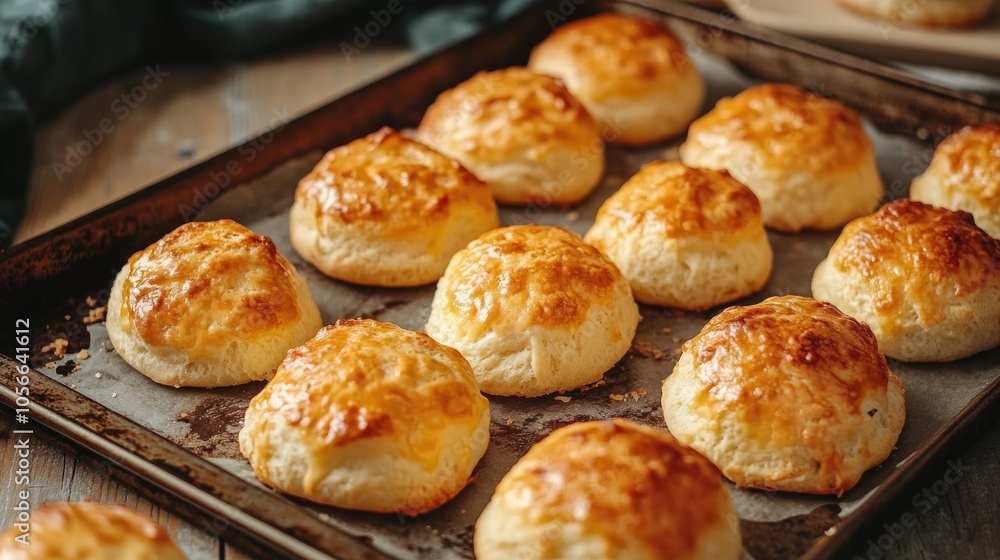 Cheese buns and scones arranged on a metallic baking tray Cheese buns and scones arranged on a metallic baking tray