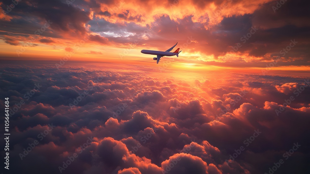 Commercial airplane flying above dramatic clouds during sunset. Commercial airplane flying above dramatic clouds during sunset.
