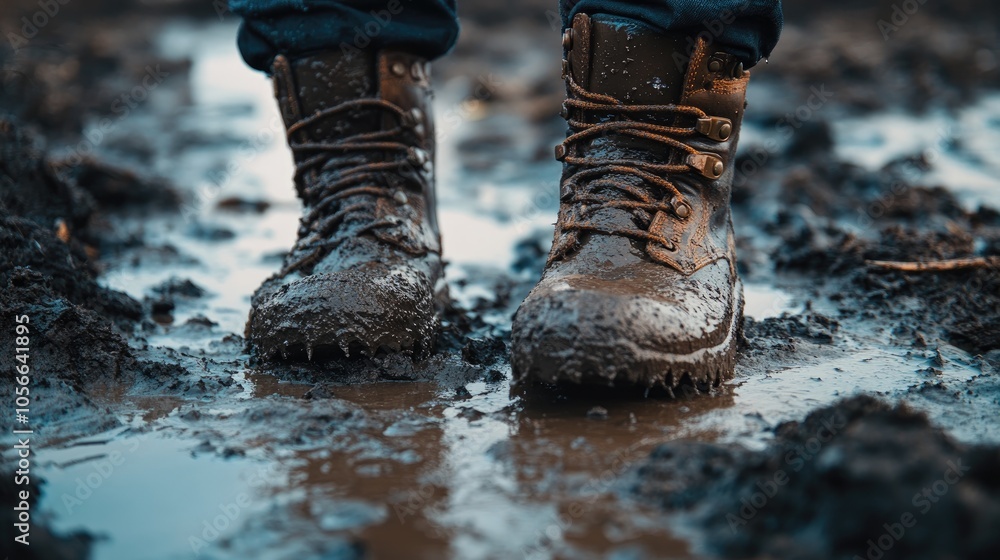 Boots immersed in mud and slush point of view Theme of inclement weather off road conditions and thawed ground Boots immersed in mud and slush point of view Theme of inclement weather off road conditions and thawed ground