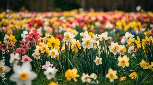 A vibrant field filled with blooming daffodils and assorted flowers in various colors and species