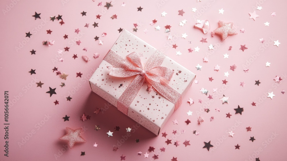 Gift box surrounded by star shaped confetti on a pink tabletop A flat lay arrangement perfect for celebrations like birthdays Mother s Day or weddings Gift box surrounded by star shaped confetti on a pink tabletop A flat lay arrangement perfect for celebrations like birthdays Mother s Day or weddings