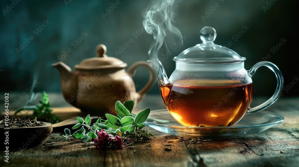 Herbal tea in a steaming cup alongside a teapot and herbs Herbal tea in a steaming cup alongside a teapot and herbs