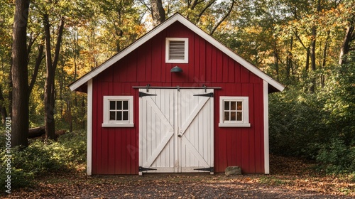 Red wooden barn standing in the autumn forest