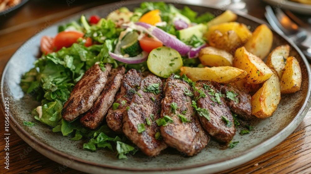 Rustic plate of gyros accompanied by a fresh green salad and crispy potato wedges Rustic plate of gyros accompanied by a fresh green salad and crispy potato wedges