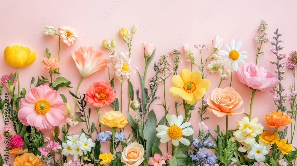 Charming arrangement of vibrant spring flowers on a pastel surface Ideal for a greeting card design celebrating women Flat lay style Charming arrangement of vibrant spring flowers on a pastel surface Ideal for a greeting card design celebrating women Flat lay style