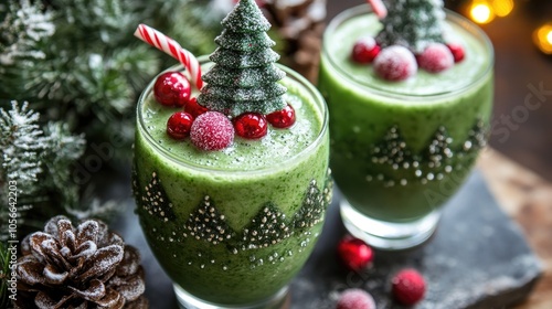 Healthy Christmas food idea featuring green smoothies adorned with festive tree decorations