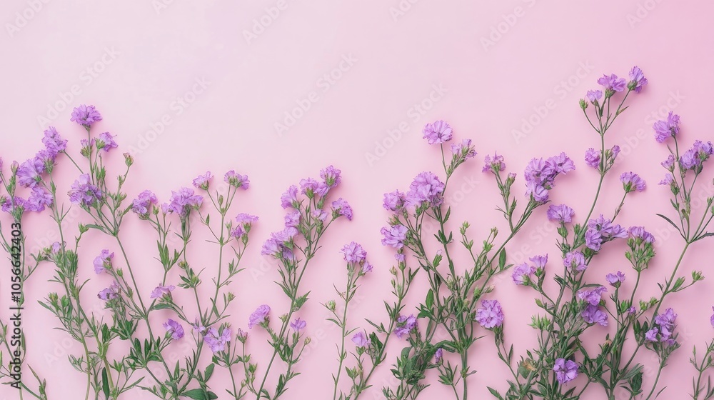 Obraz premium Purple flowers arranged on a pink backdrop for a spring themed birthday card concept Flat lay composition with ample copy space