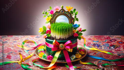 Novruz holiday celebration table with semeni   background 3d rendering photo