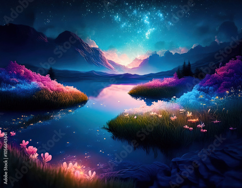 A serene night scene under a blue starry sky, with a glowing crescent moon. Green trees are illuminated by the soft light of fireflies, creating a magical and peaceful atmosphere.