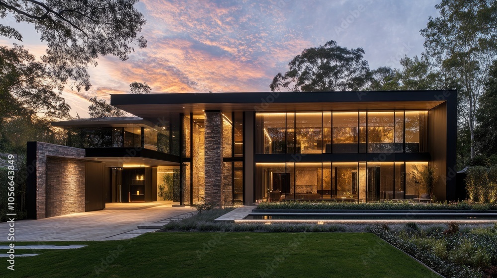 Fototapeta premium A Contemporary Residence Enveloped in the Soft Glow of Dusk