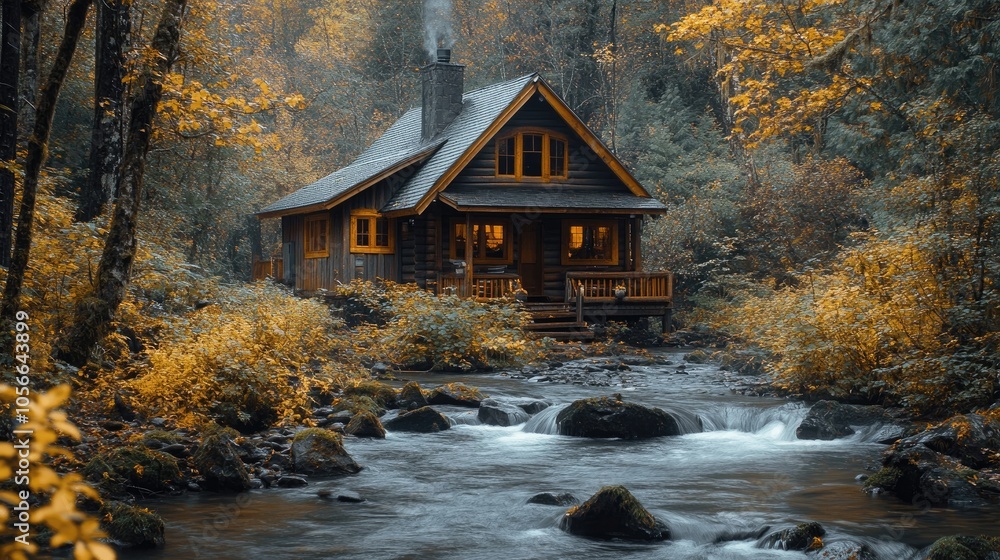Cozy wooden cabin with smoking chimney nestled in autumn forest by a stream Cozy wooden cabin with smoking chimney nestled in autumn forest by a stream