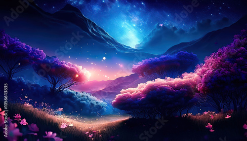 A serene night scene under a blue starry sky, with a glowing crescent moon. Green trees are illuminated by the soft light of fireflies, creating a magical and peaceful atmosphere.