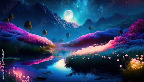 A serene night scene under a blue starry sky, with a glowing crescent moon. Green trees are illuminated by the soft light of fireflies, creating a magical and peaceful atmosphere.