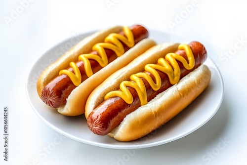  Par de hot dogs cubiertos con mostaza sobre un plato blanco. Sencillo y delicioso, ideal para comidas rápidas. 